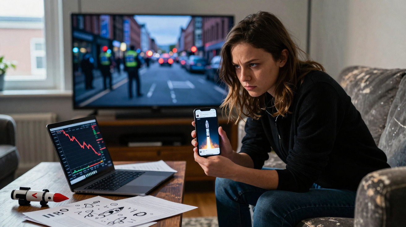 Mulher preocupada segurando celular com foguete, laptop com gráfico em queda e TV com polícia ao fundo.