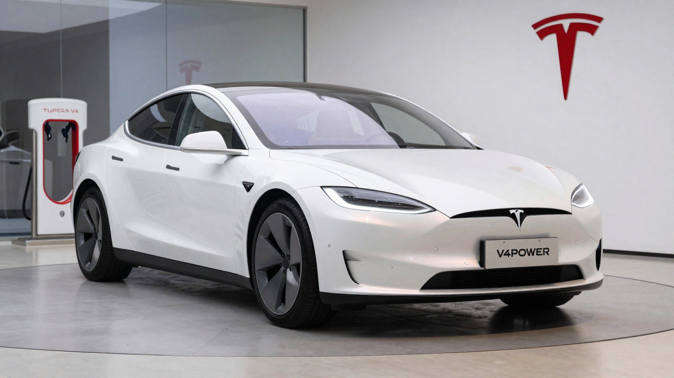 Carro elétrico branco Tesla V4Power estacionado em showroom com estação de recarga ao fundo.