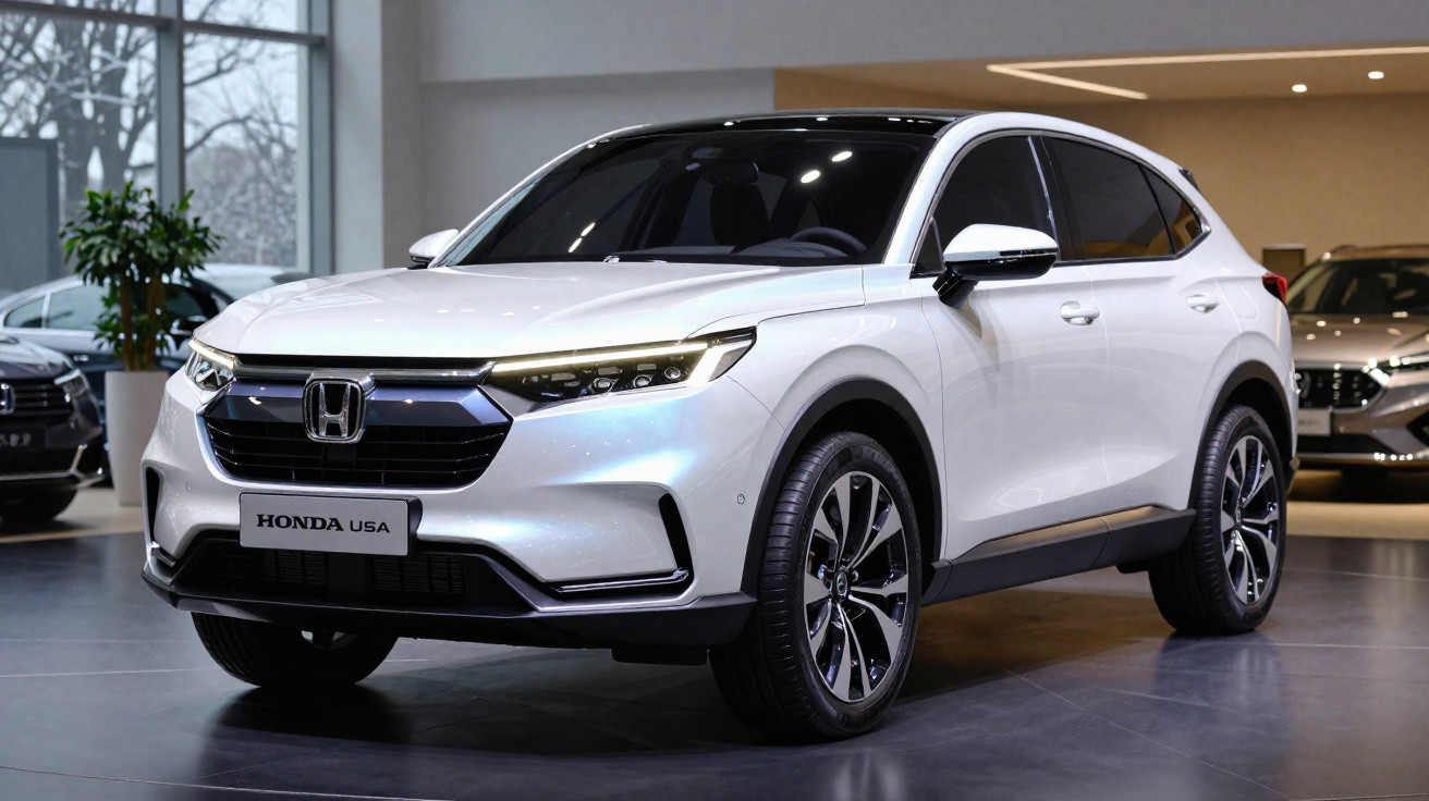 SUV Honda branco exposto em showroom moderno com iluminação interna e janelas grandes.