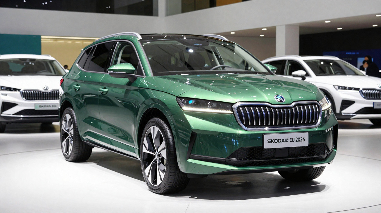 SUV verde metálico Škoda Enyaq 2026 exibido em estande de exposição, com outros carros brancos ao fundo.