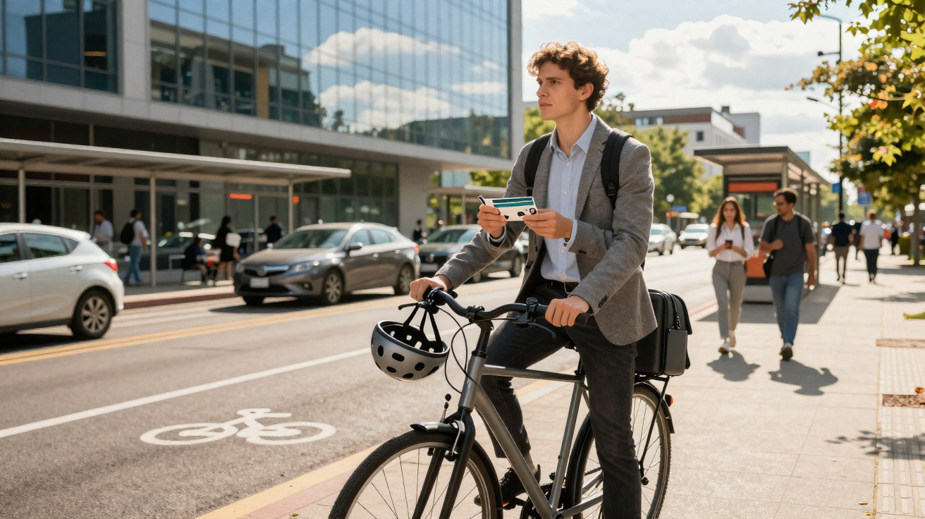 Homem de terno com mochila parado de bicicleta em ciclovia, segurando ticket de transporte público.