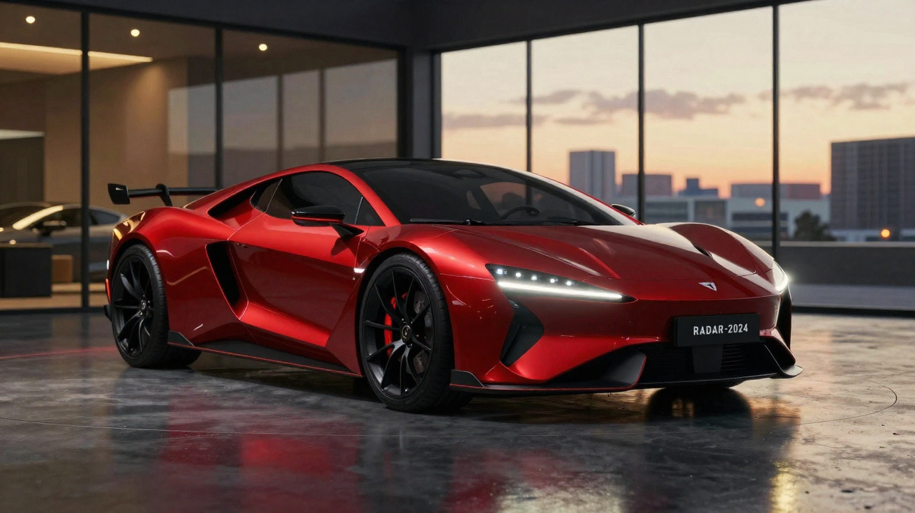 Carro esportivo vermelho brilhante com faróis de LED em garagem moderna ao entardecer.