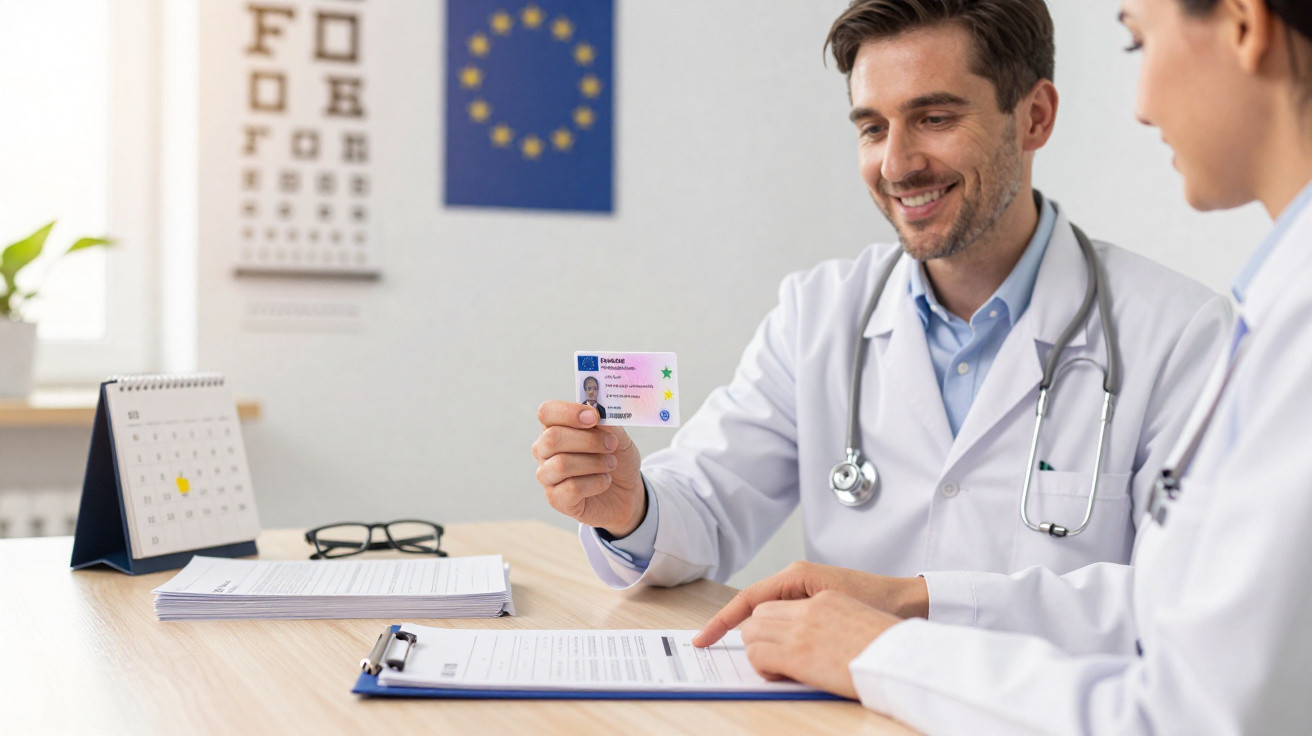 Dois médicos em consultório, um mostrando cartão de identificação e outro lendo documento.
