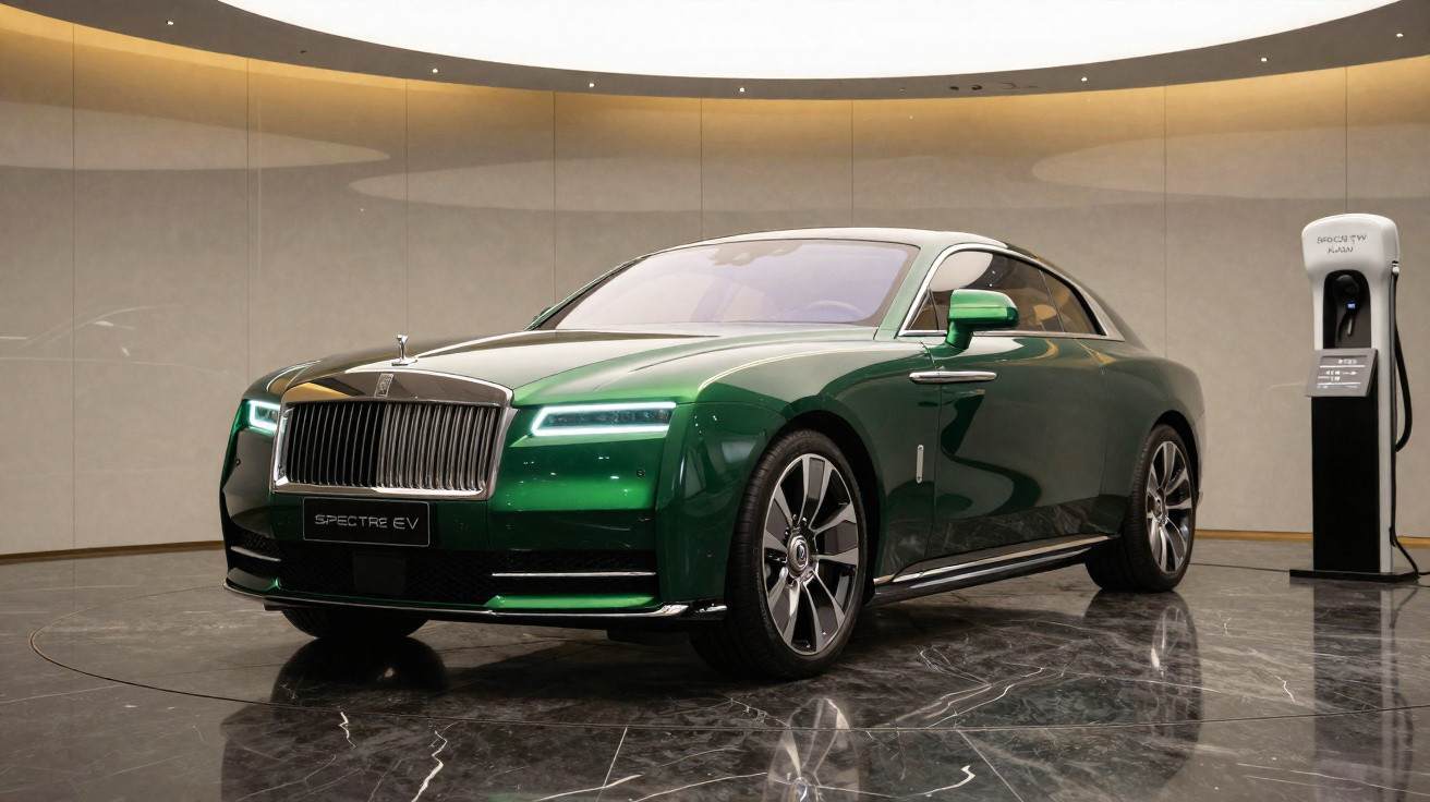 Carro elétrico Rolls-Royce Spectre EV verde em showroom moderno com piso de mármore.