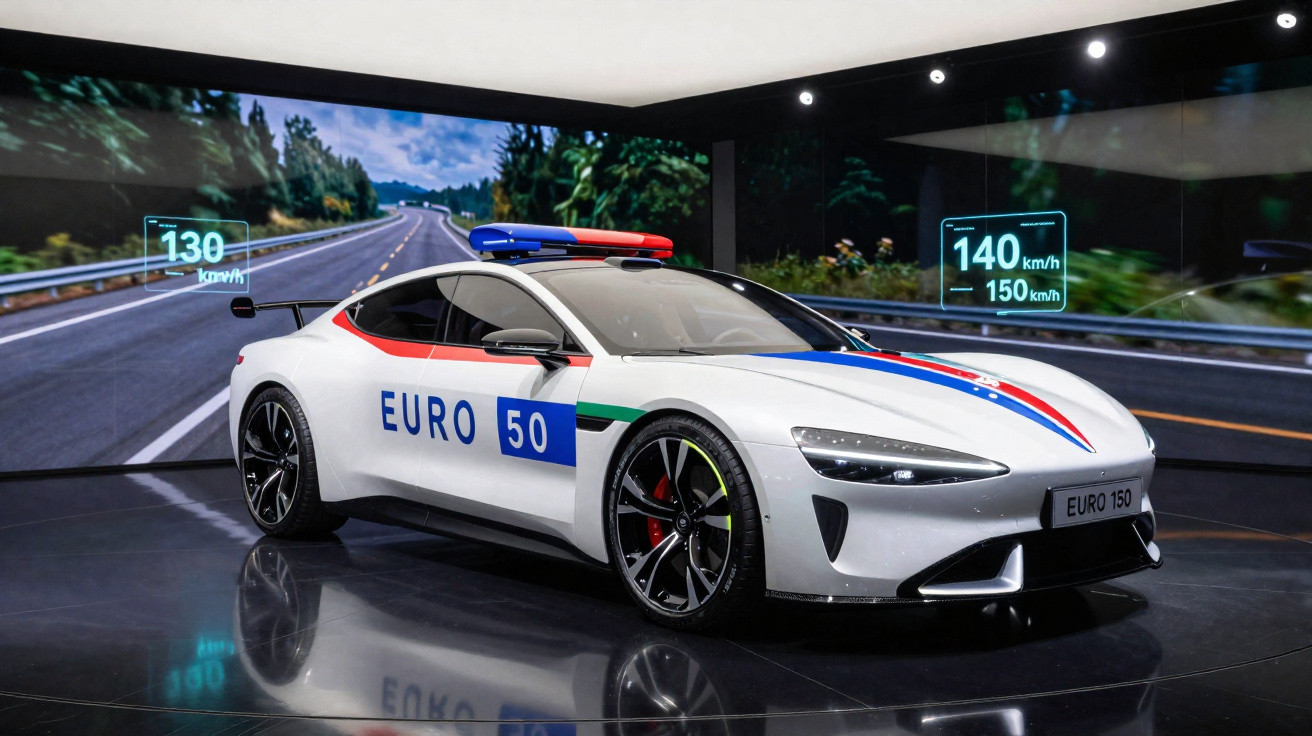 Carro de polícia esportivo branco com faixa azul e vermelha, em exposição com painel digital ao fundo.
