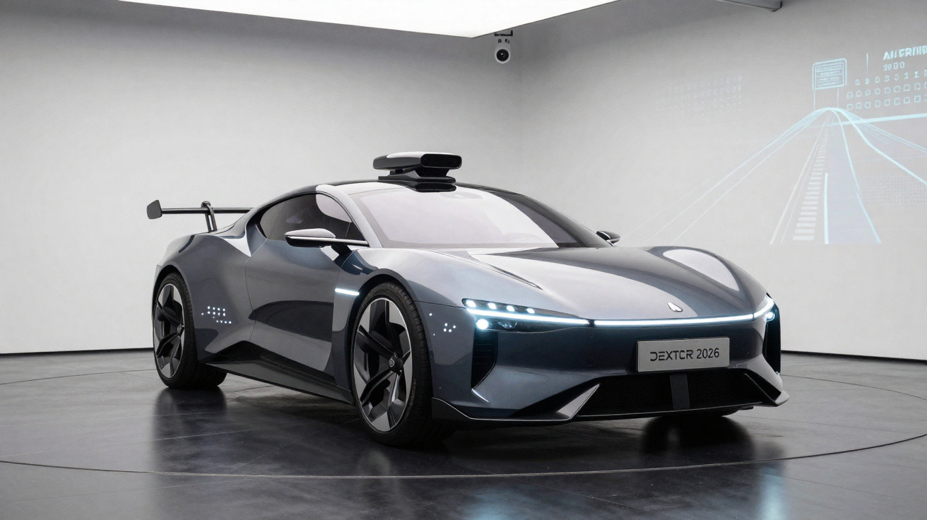 Carro esportivo elétrico cinza escuro com design futurista e sensores no teto em sala branca.