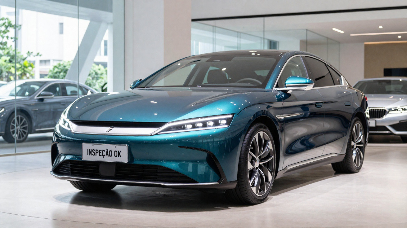 Carro elétrico azul metálico em showroom moderno com placa escrita "Inspeção OK".