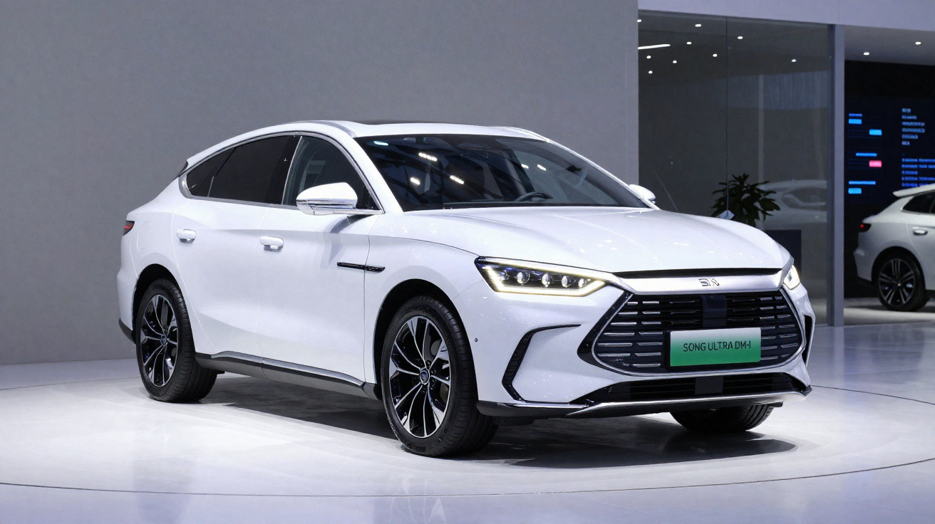 Carro elétrico branco BYD Song Ultra DM-i em exposição, com design moderno e faróis acesos.