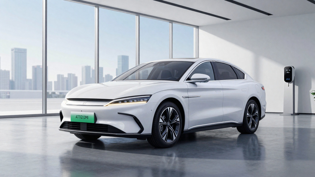 Carro elétrico branco estacionado em ambiente moderno com grandes janelas e parede branca.