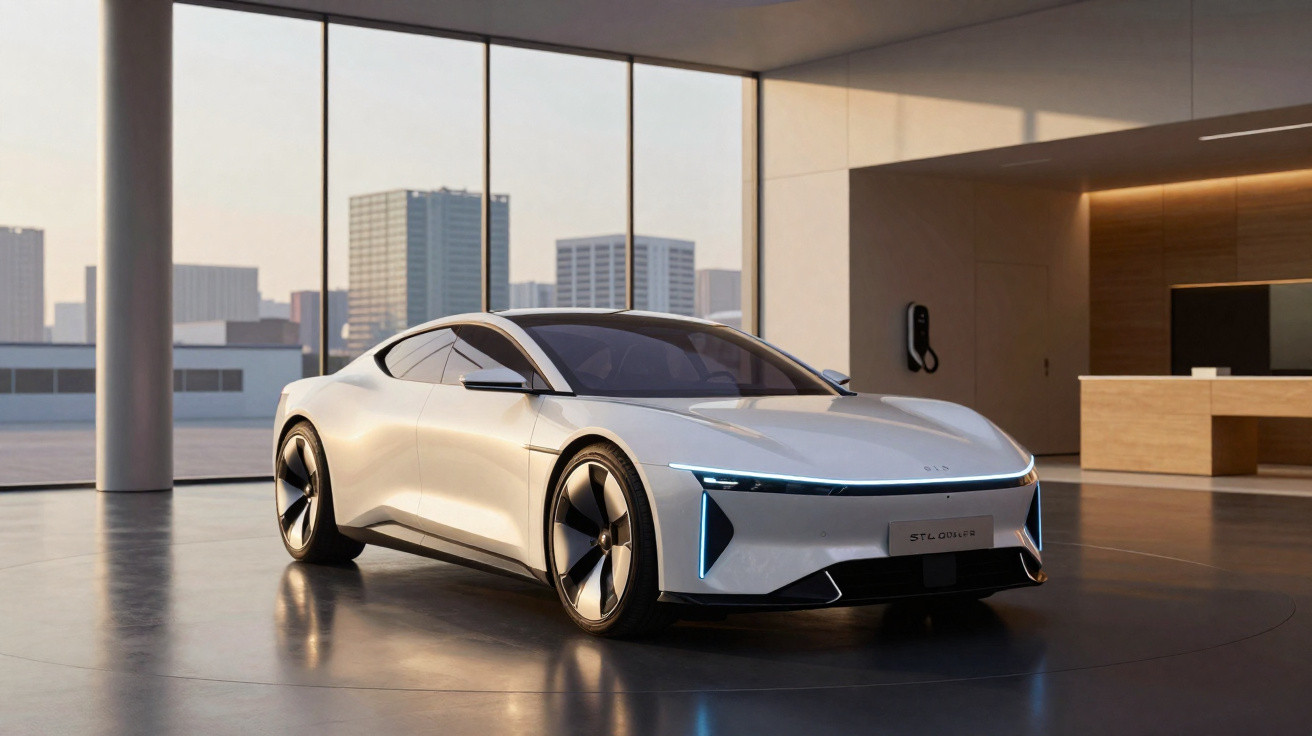 Carro elétrico esportivo branco em ambiente moderno com grandes janelas e vista urbana ao fundo.