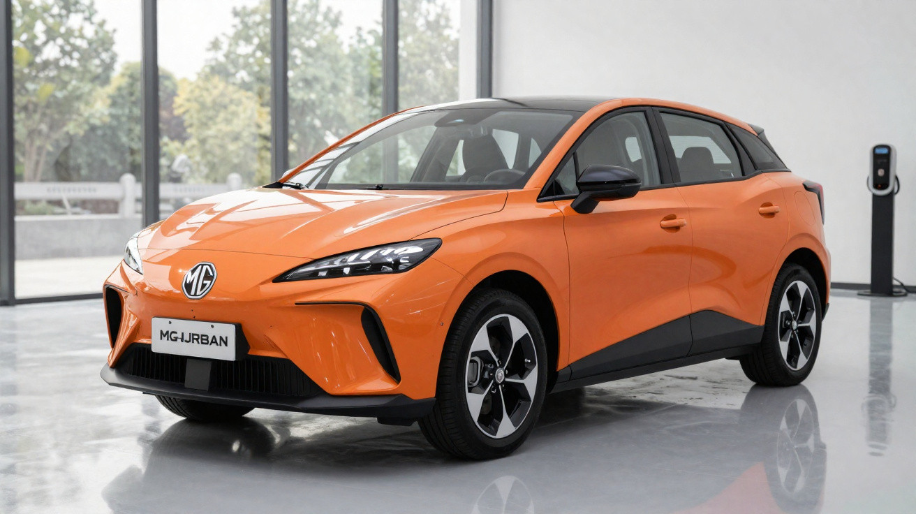 Carro elétrico compacto laranja MG Urban estacionado em ambiente interno moderno com estação de recarga.
