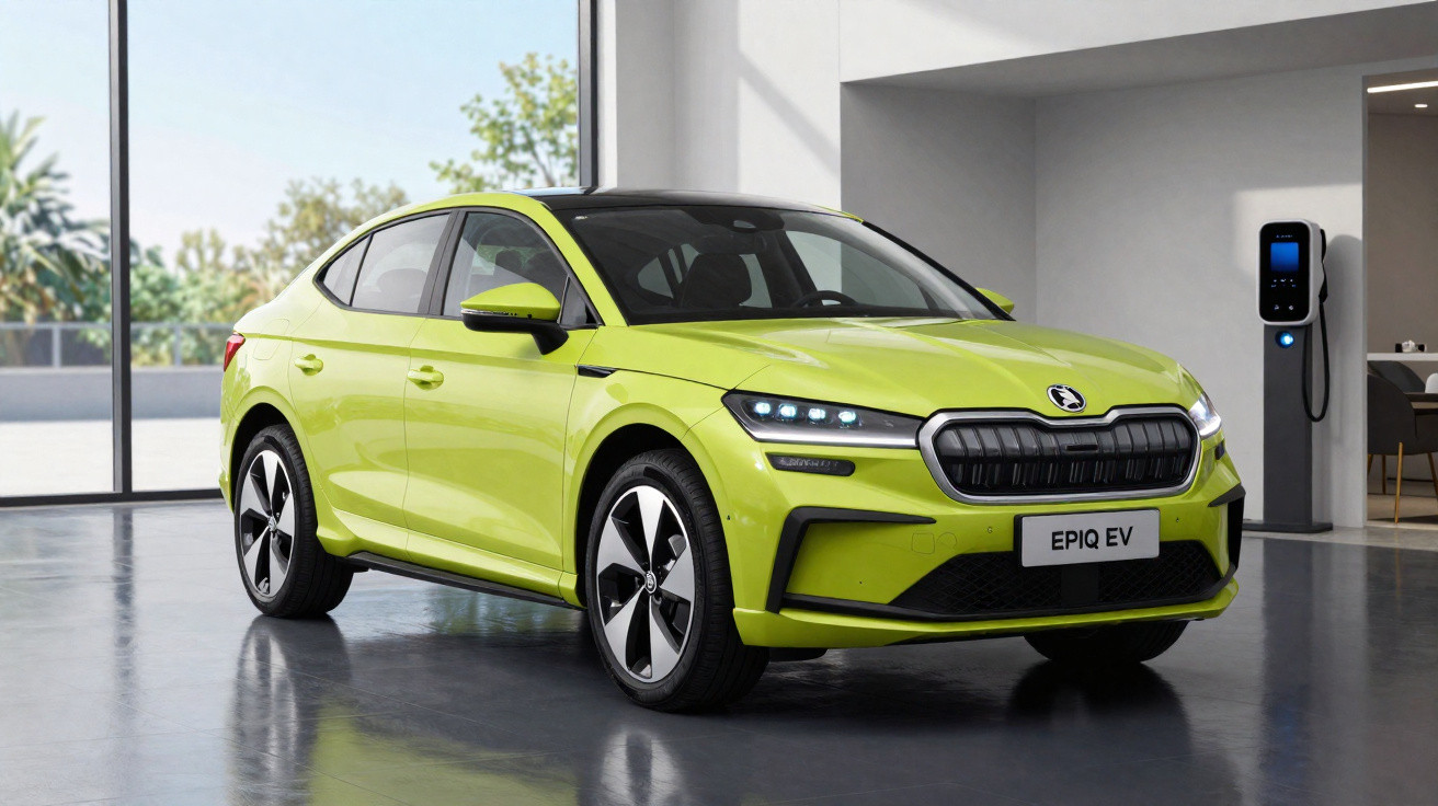 Carro elétrico Škoda EPIQ EV verde estacionado em garagem moderna com estação de recarga elétrica ao fundo.