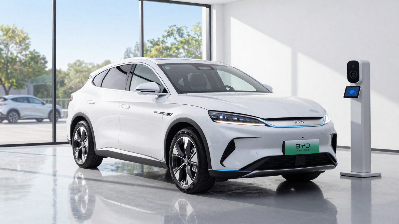 Carro elétrico branco estacionado em ambiente interno com carregador ao lado em salão moderno e iluminado.