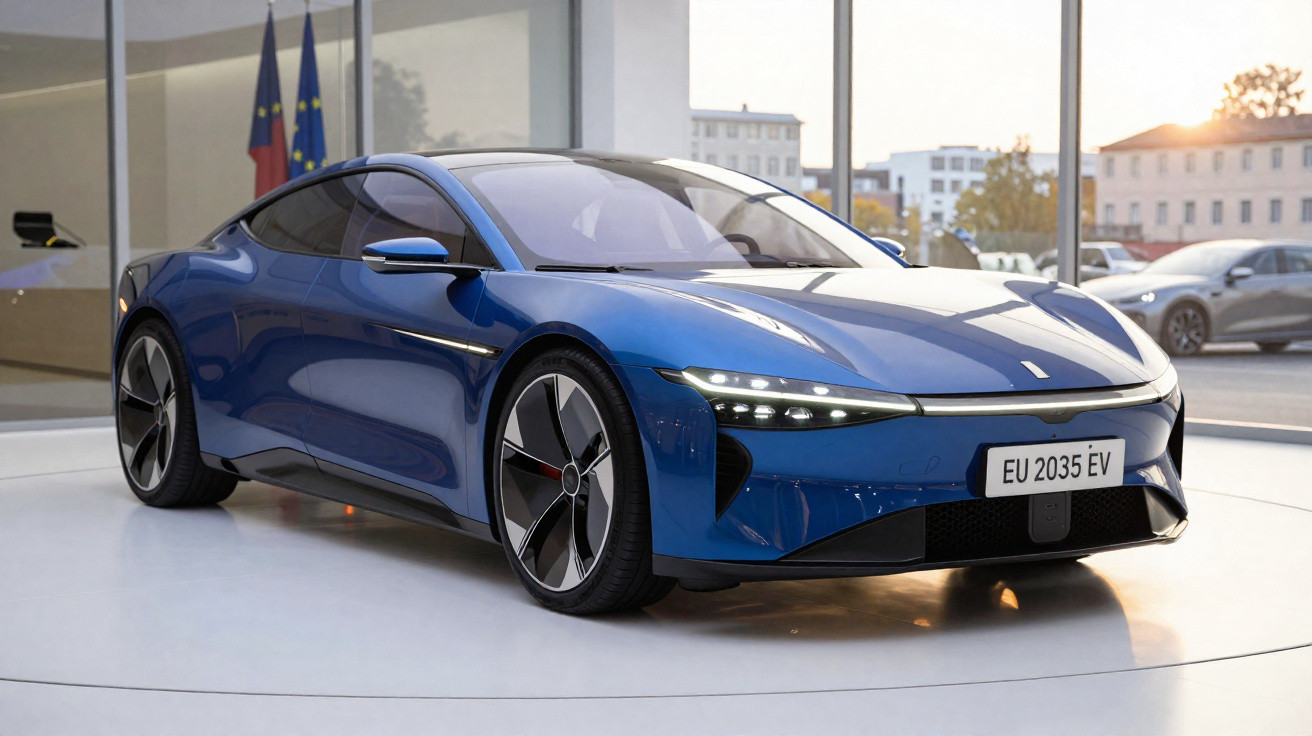 Carro elétrico esportivo azul metálico exibido em ambiente moderno com grandes janelas e bandeiras ao fundo.