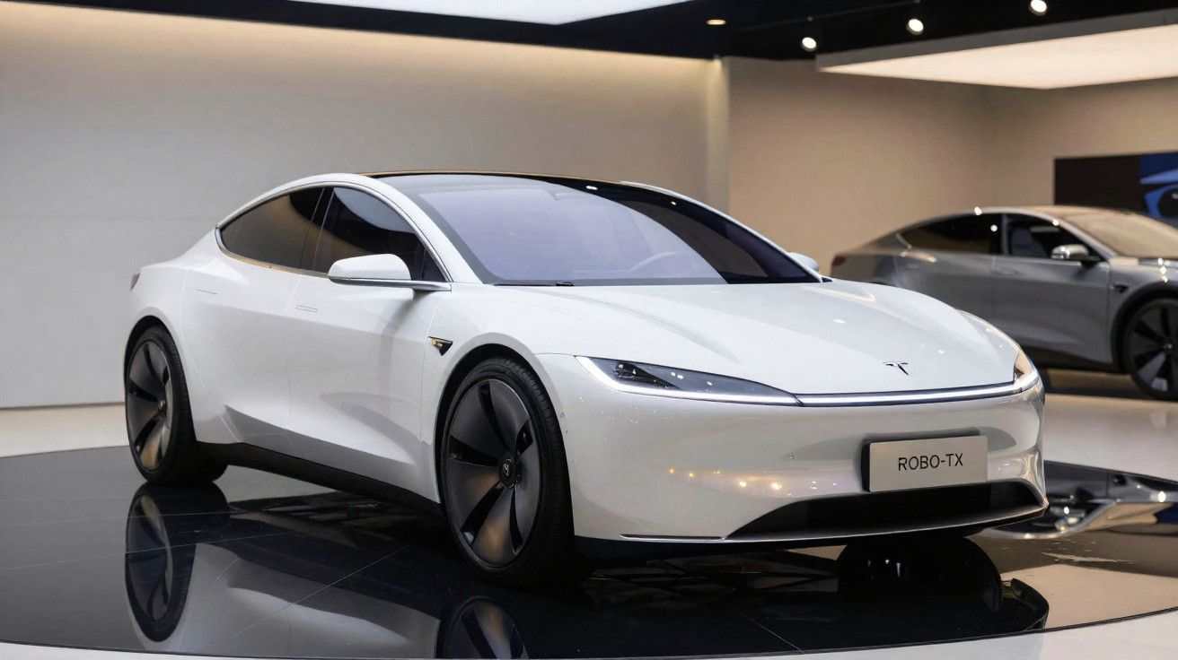 Carro elétrico branco Tesla modelo robótico ROBO-TX exposto em lançamento automotivo indoors.