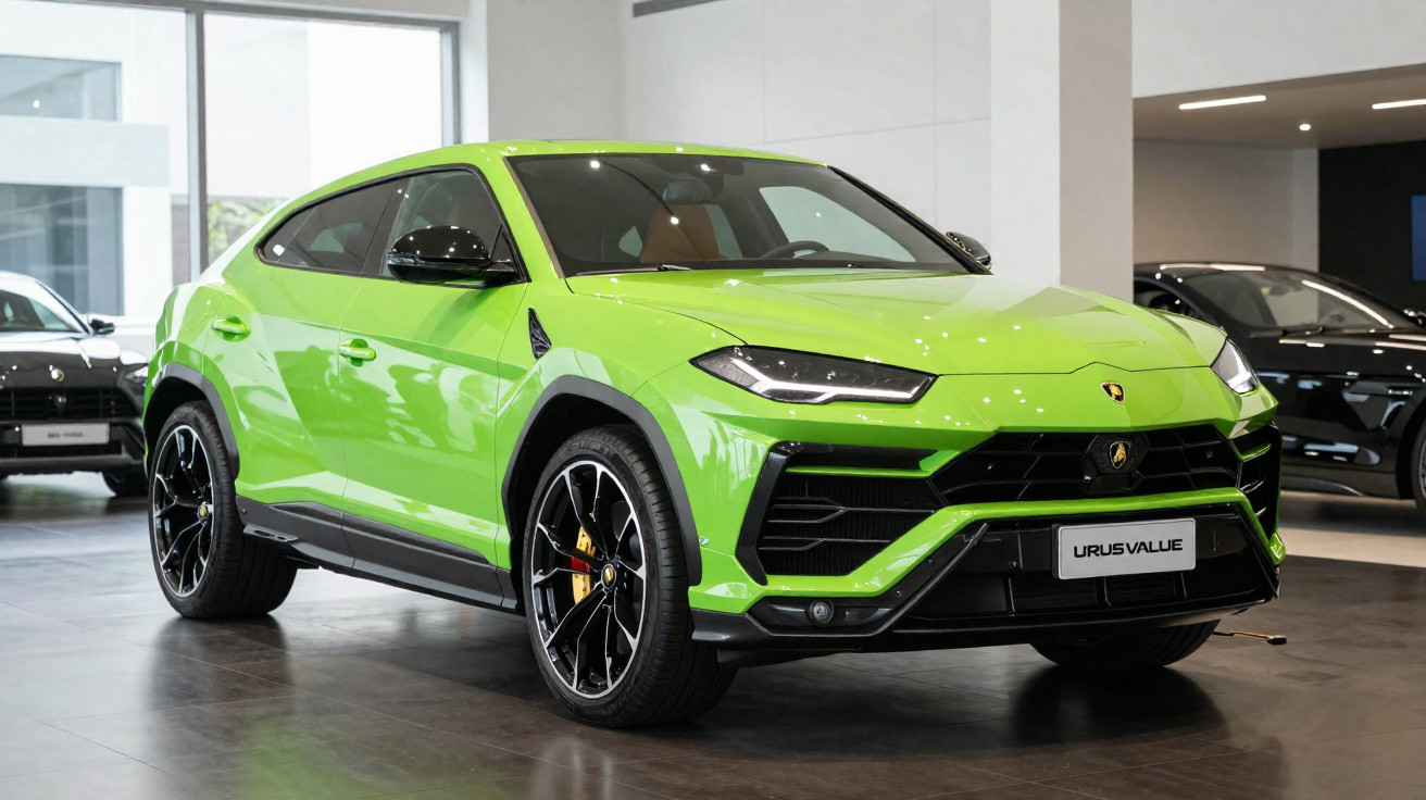 Carro esportivo SUV Lamborghini Urus na cor verde em showroom moderno com piso escuro.