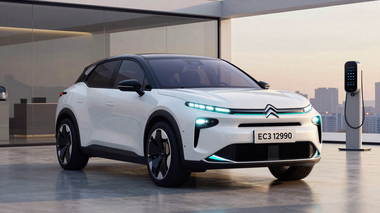 Carro elétrico branco estacionado em garagem moderna com carregador na parede ao fundo.