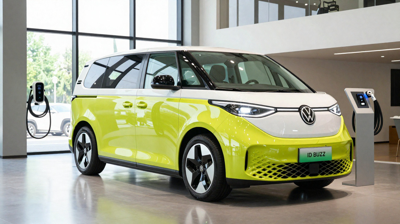 Carro elétrico Volkswagen ID Buzz amarelo e branco estacionado em loja com carregador elétrico.
