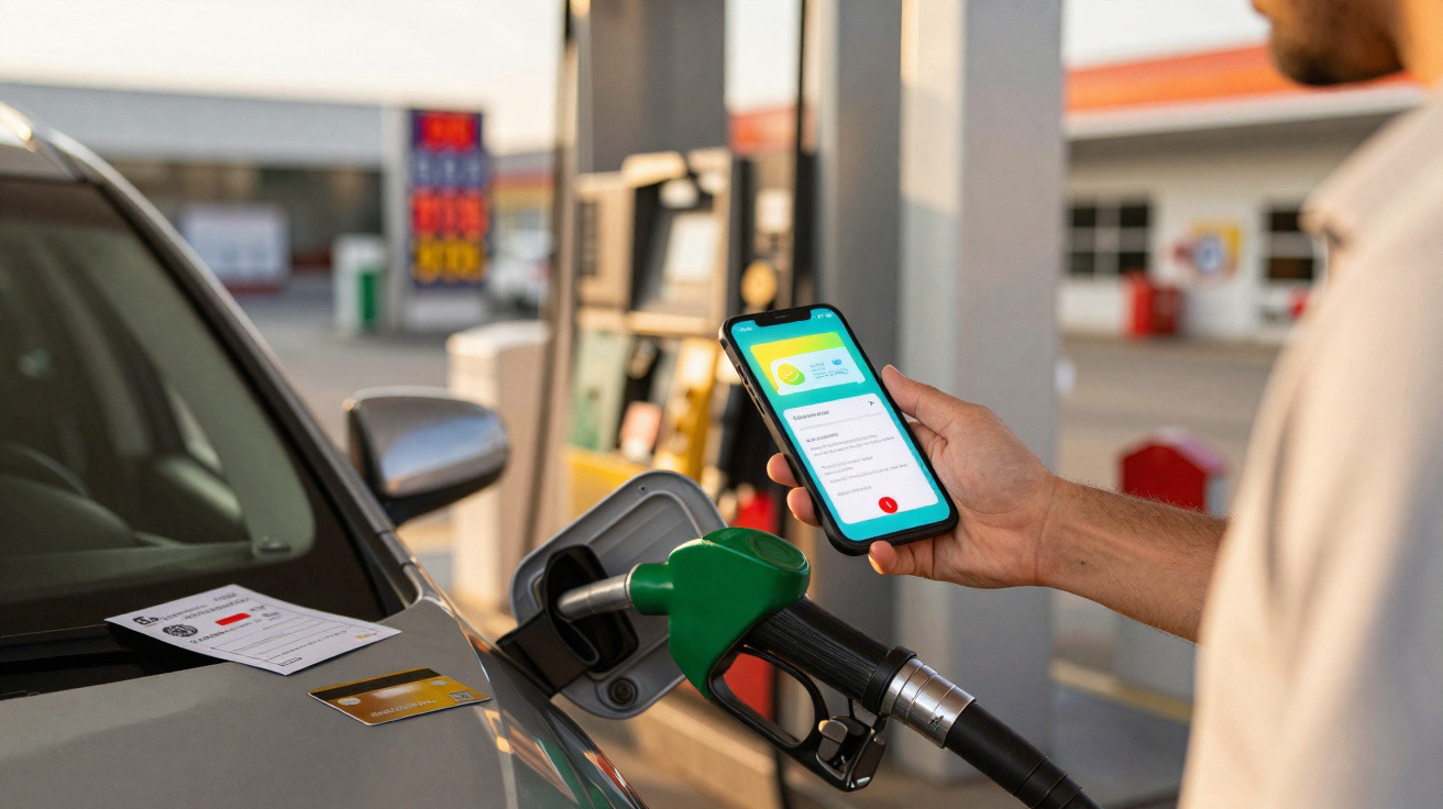Pessoa usando celular para pagamento digital ao abastecer carro com bomba de combustível verde em posto.