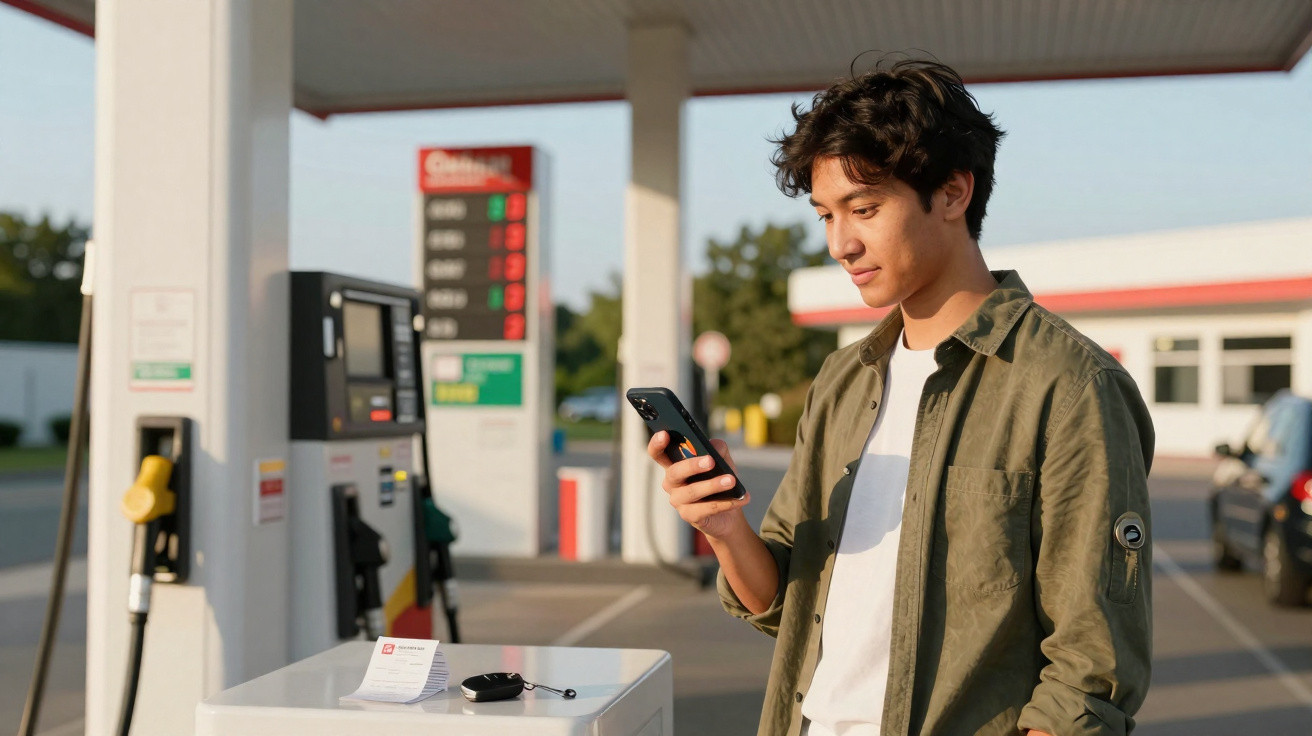 Jovem usando celular em posto de gasolina ao ar livre durante o dia.