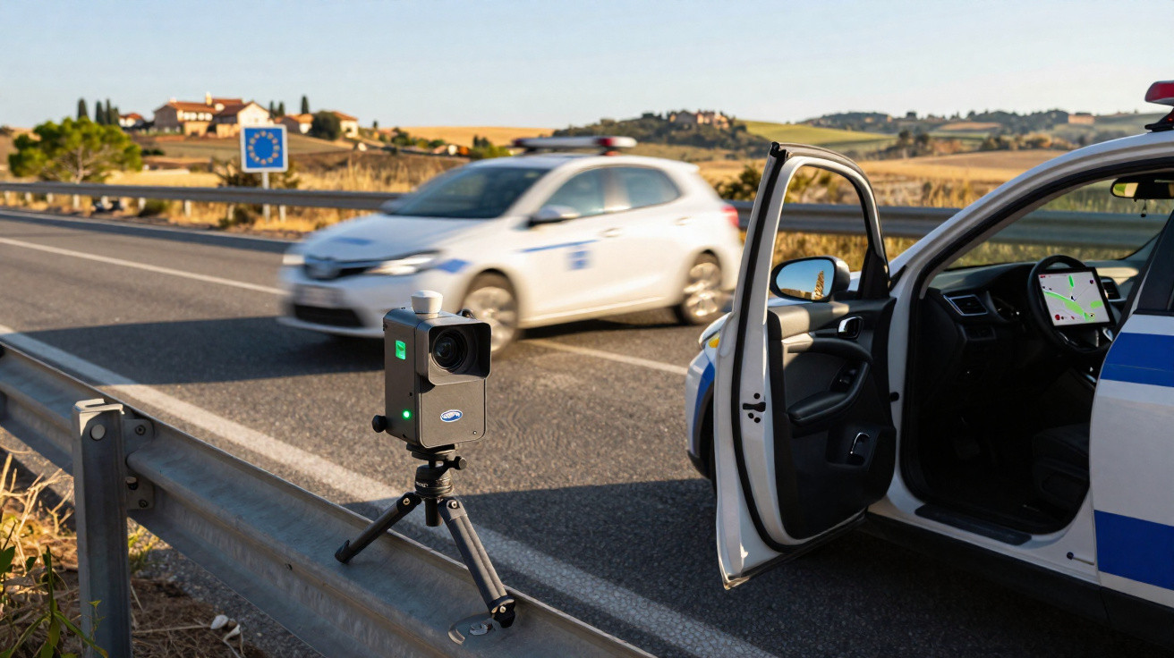Radar de velocidade em tripé na beira da estrada com carro de polícia estacionado e veículo passando rápido.