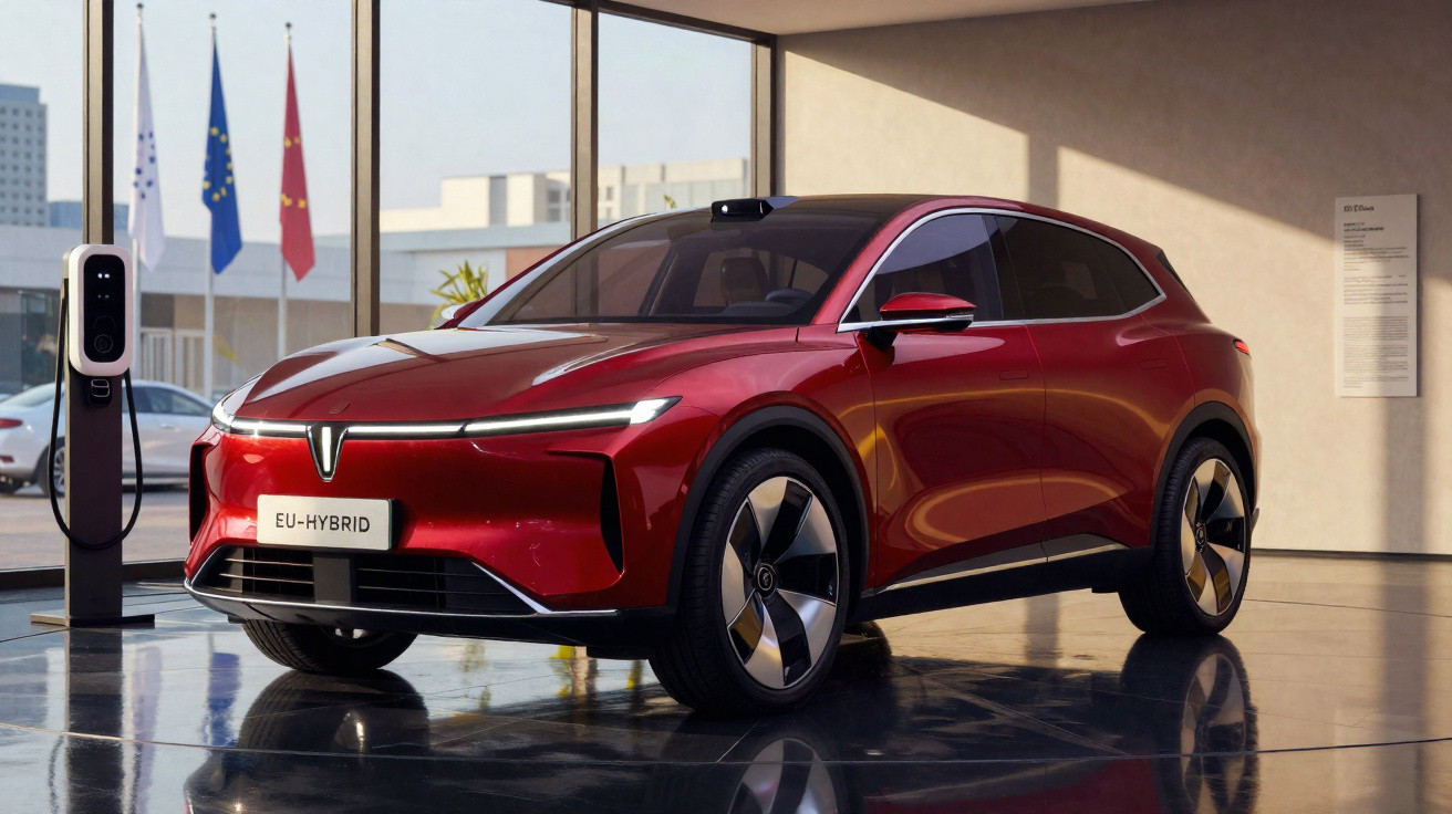 Carro elétrico vermelho com design futurista exposto em showroom, próximo a estação de recarga.