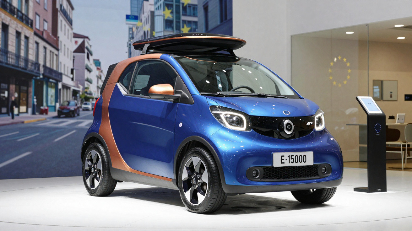 Carro elétrico compacto azul e bronze exibido em estande com placa E-15000 em feira automotiva.