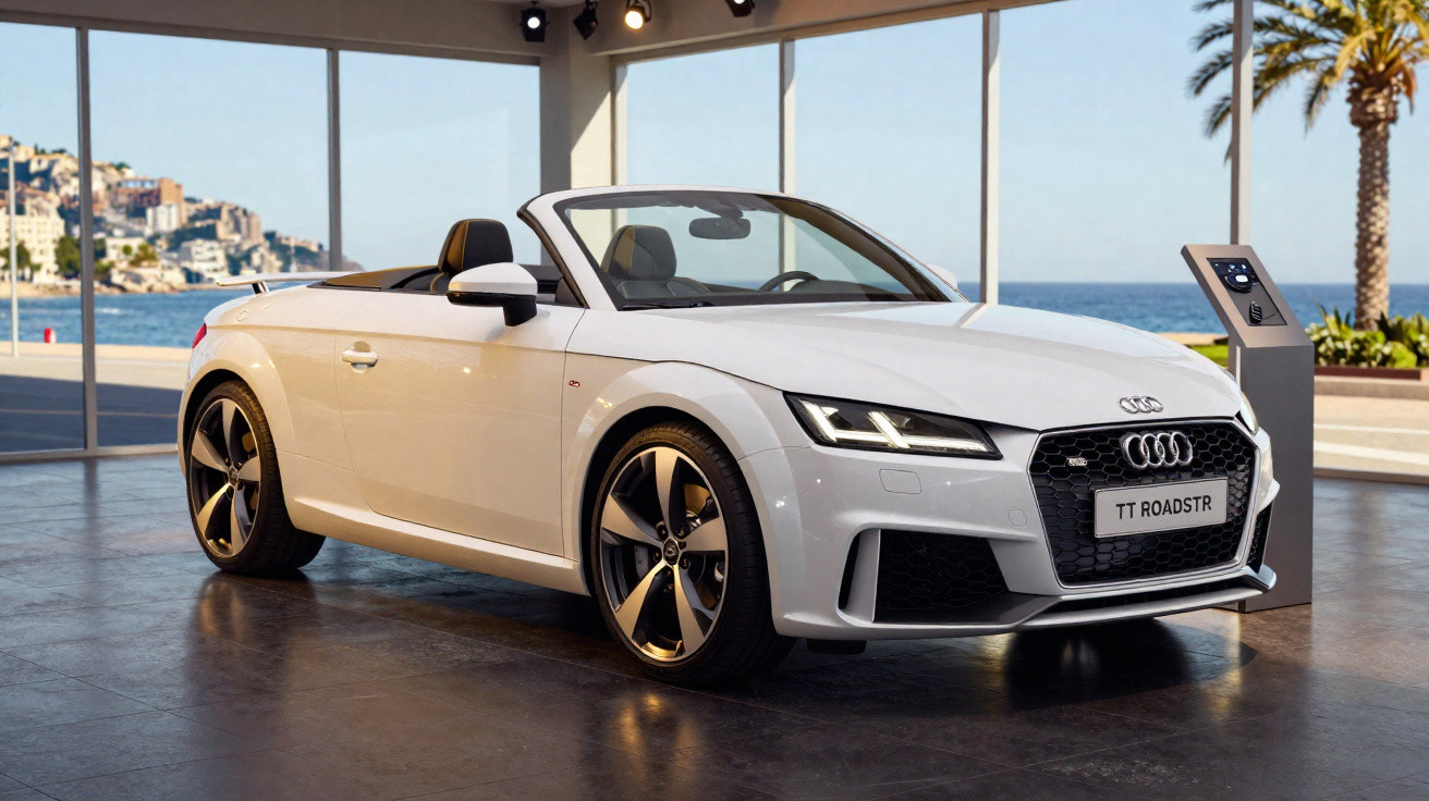 Carro conversível branco Audi TT Roadster em exposição com vista para o mar e cidade ao fundo.