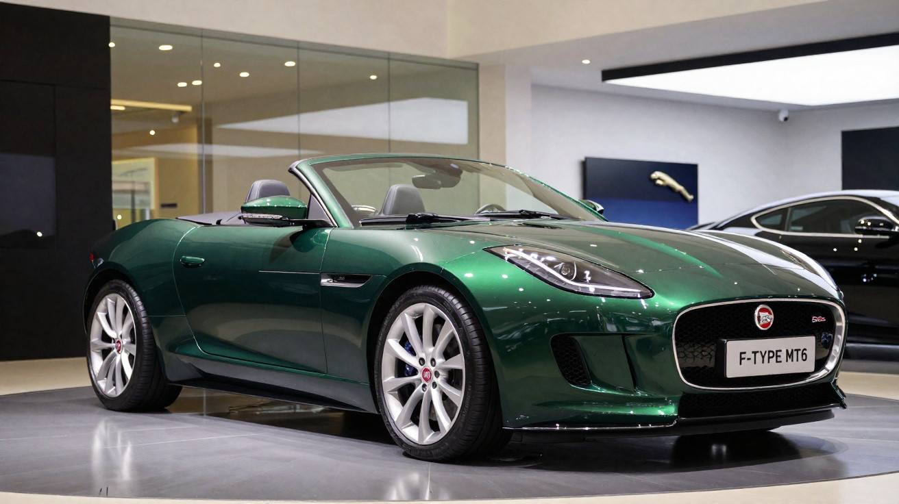 Carro esportivo conversível Jaguar verde metálico exibido em salão automotivo moderno.
