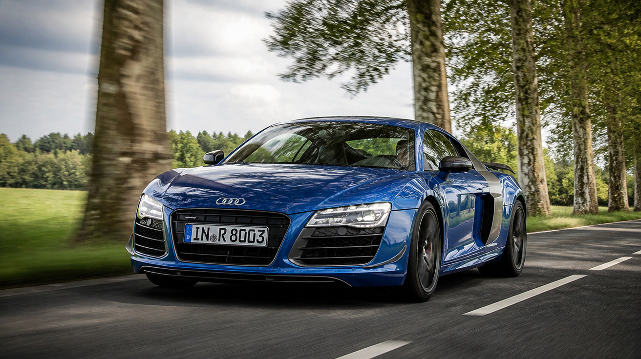 Carro esportivo Audi R8 azul em estrada asfaltada cercada por árvores altas e céu nublado.