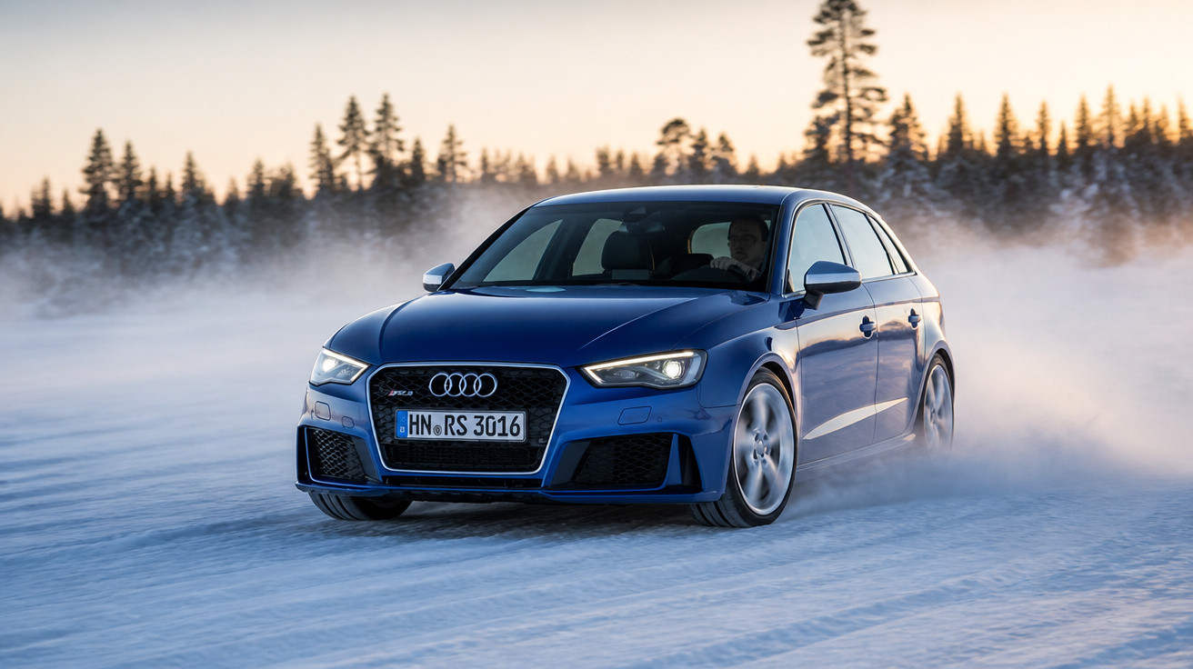 Carro Audi azul dirigindo em alta velocidade na neve com árvores ao fundo em dia ensolarado.