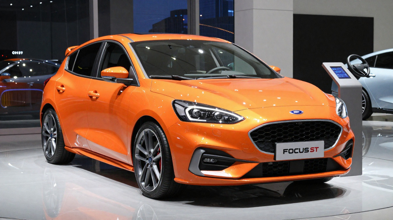 Carro Ford Focus ST hatchback laranja exibido em showroom com iluminação interna refletida na lataria.