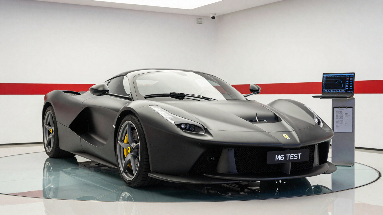 Carro esportivo preto Ferrari M6 Test exibido em sala branca com detalhes vermelhos e laptop ao lado.