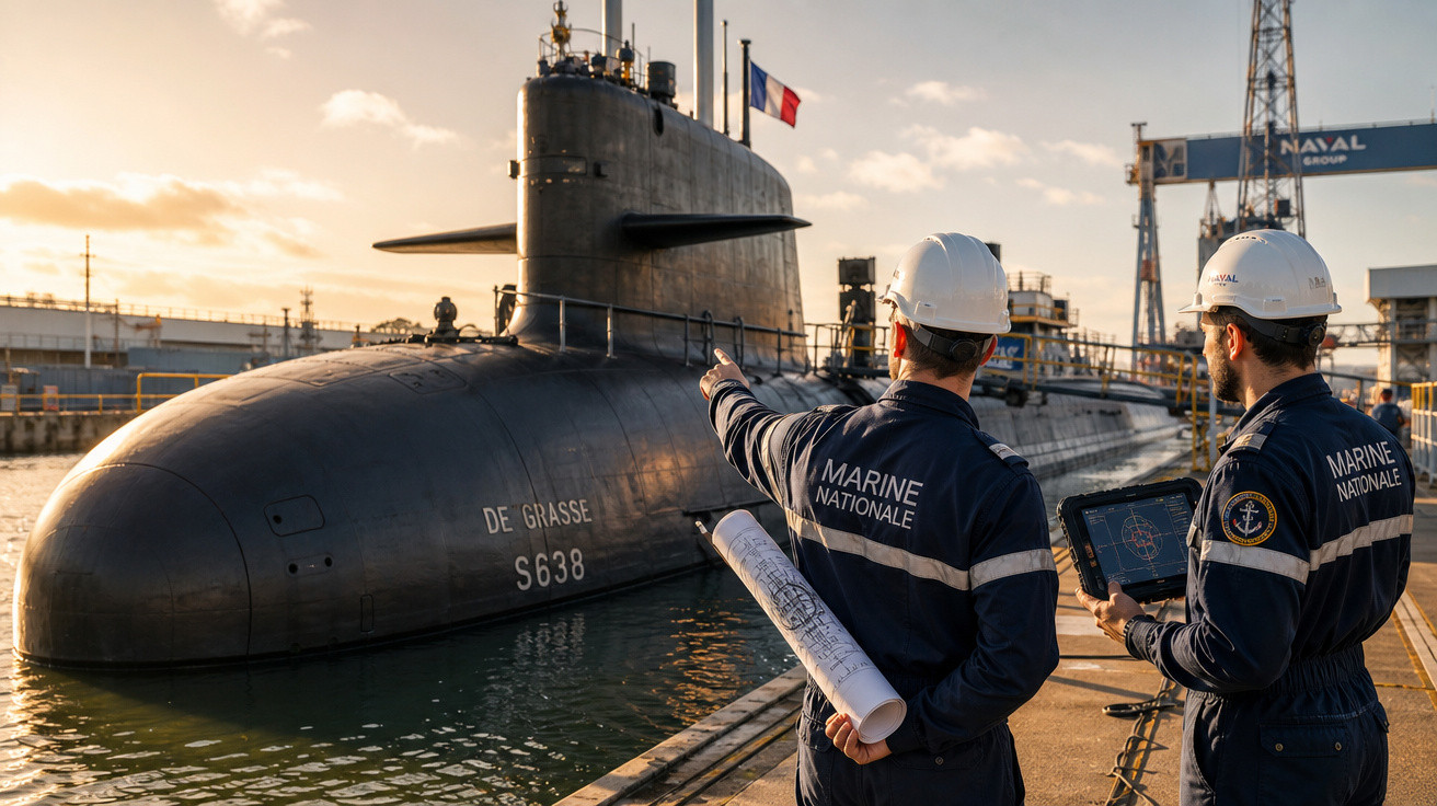 Dois homens da Marinha em capacetes brancos inspecionam submarino De Grasse no porto ao pôr do sol.
