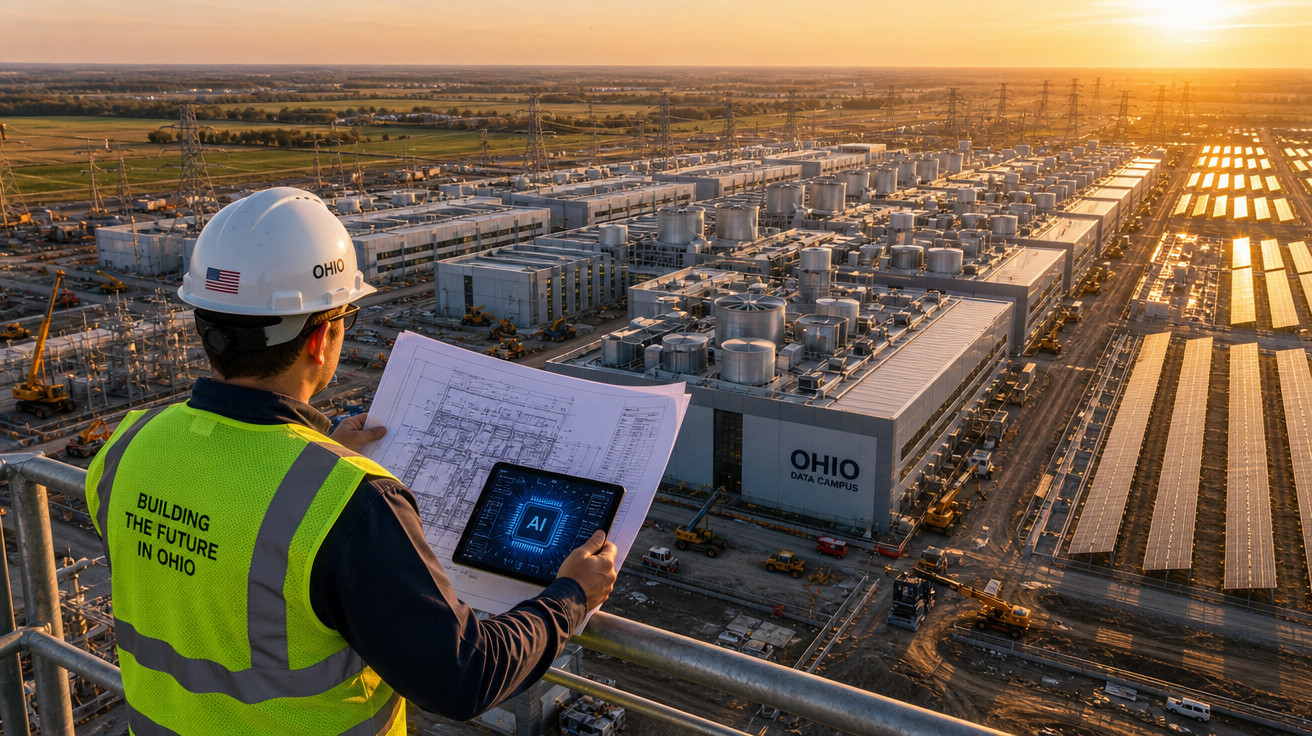Engenheiro com capacete e colete observa planta de construção e tela com IA em datacenter em Ohio ao pôr do sol.