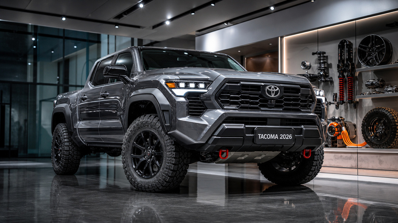 Picape Toyota Tacoma 2026 cinza com rodas grandes exibida em showroom moderno.