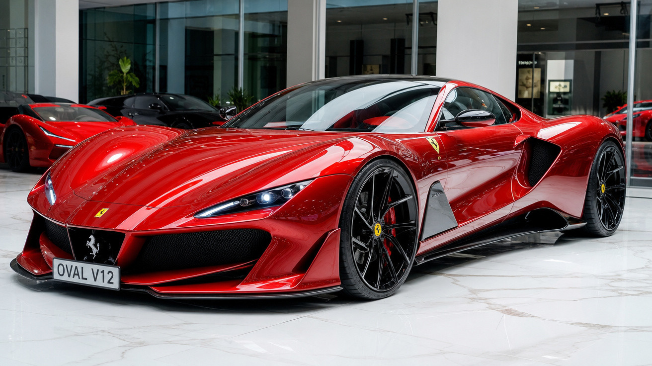 Carro esportivo vermelho Ferrari Oval V12 estacionado em piso branco brilhante dentro de showroom moderno.