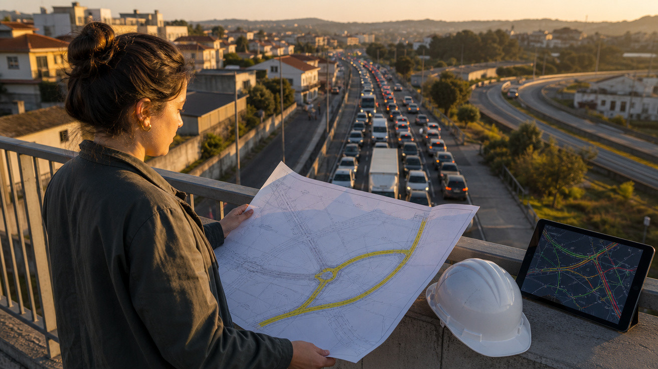 Engenheira observa mapa de projeto com trânsito intenso e tablet com mapa de tráfego ao pôr do sol.