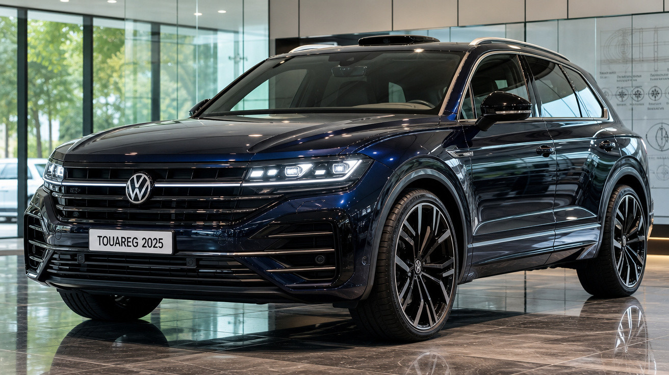 SUV Volkswagen Touareg 2025 preto exibido em showroom com iluminação natural e piso de mármore.