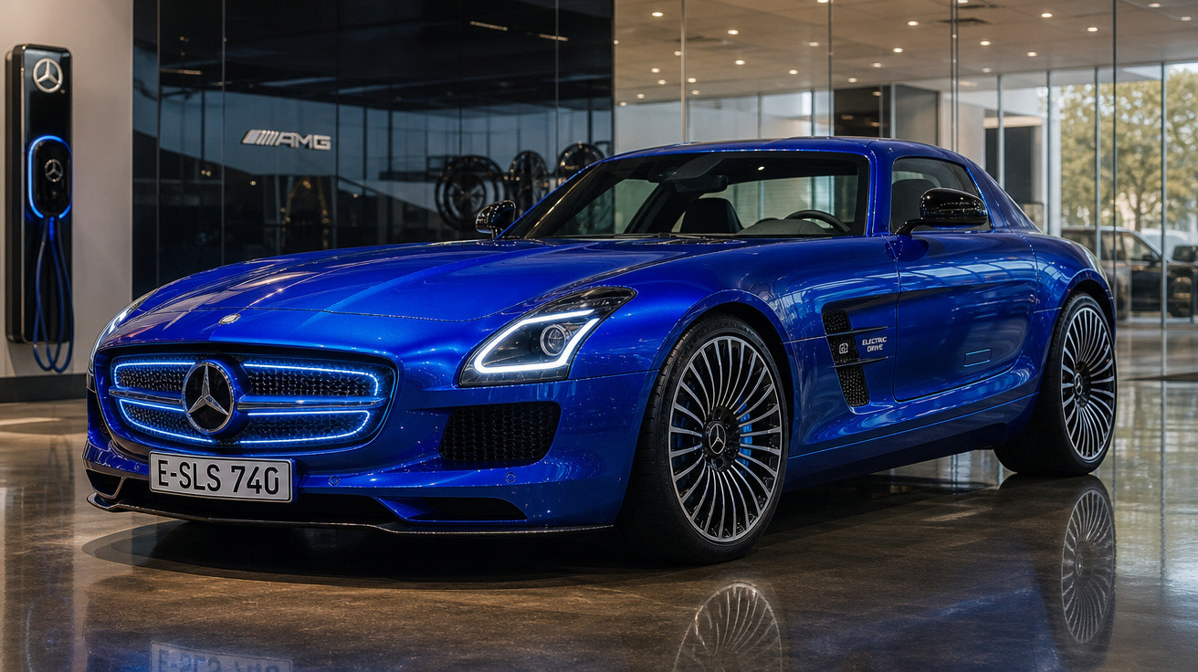 Carro esportivo Mercedes-Benz azul metálico estacionado dentro de concessionária AMG.