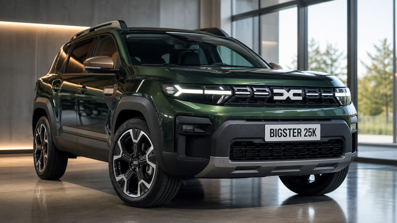 SUV verde escuro Bigster 25K estacionado em ambiente interno com iluminação moderna e janelas amplas.