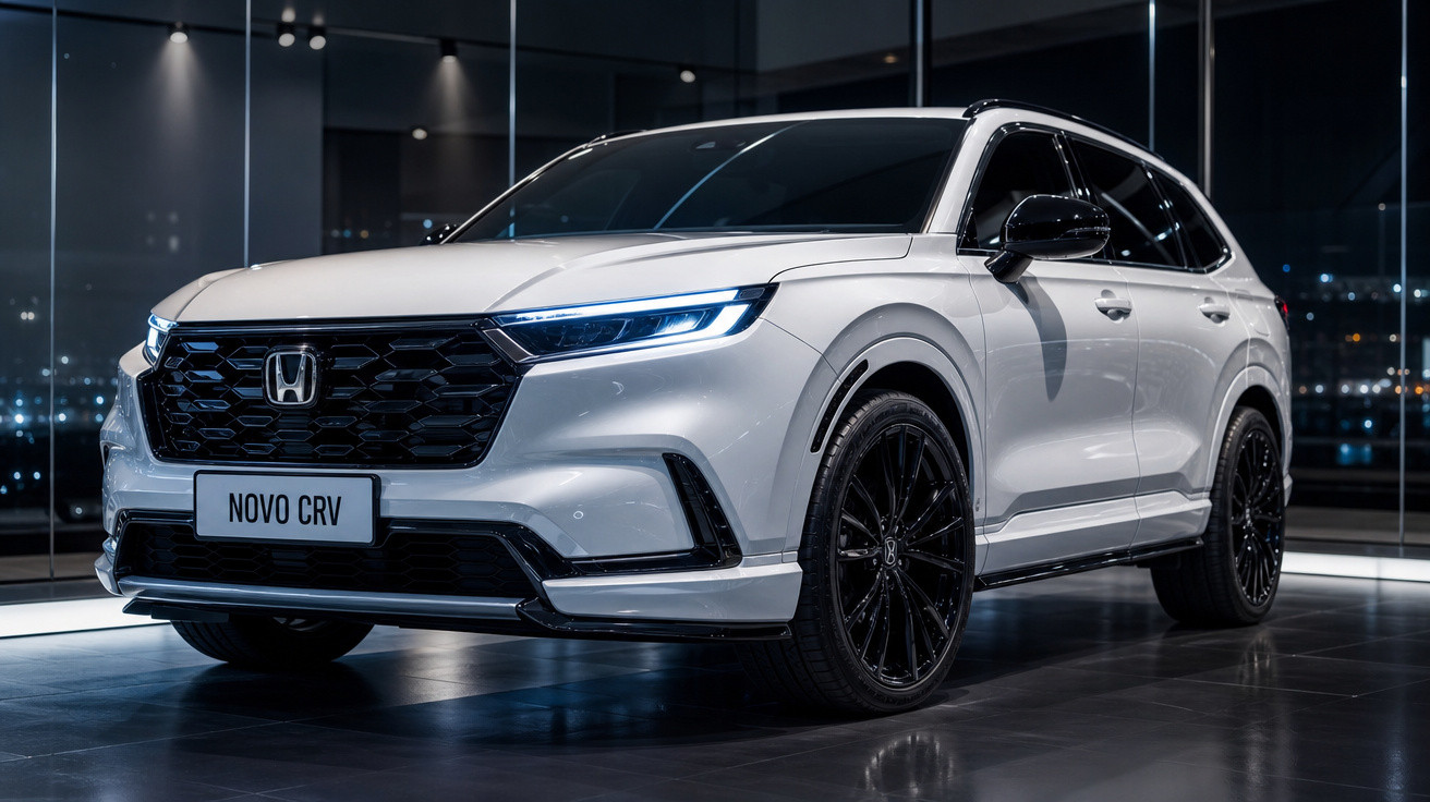 SUV branco Honda Novo CR-V em ambiente interno com iluminação moderna e rodas pretas esportivas.