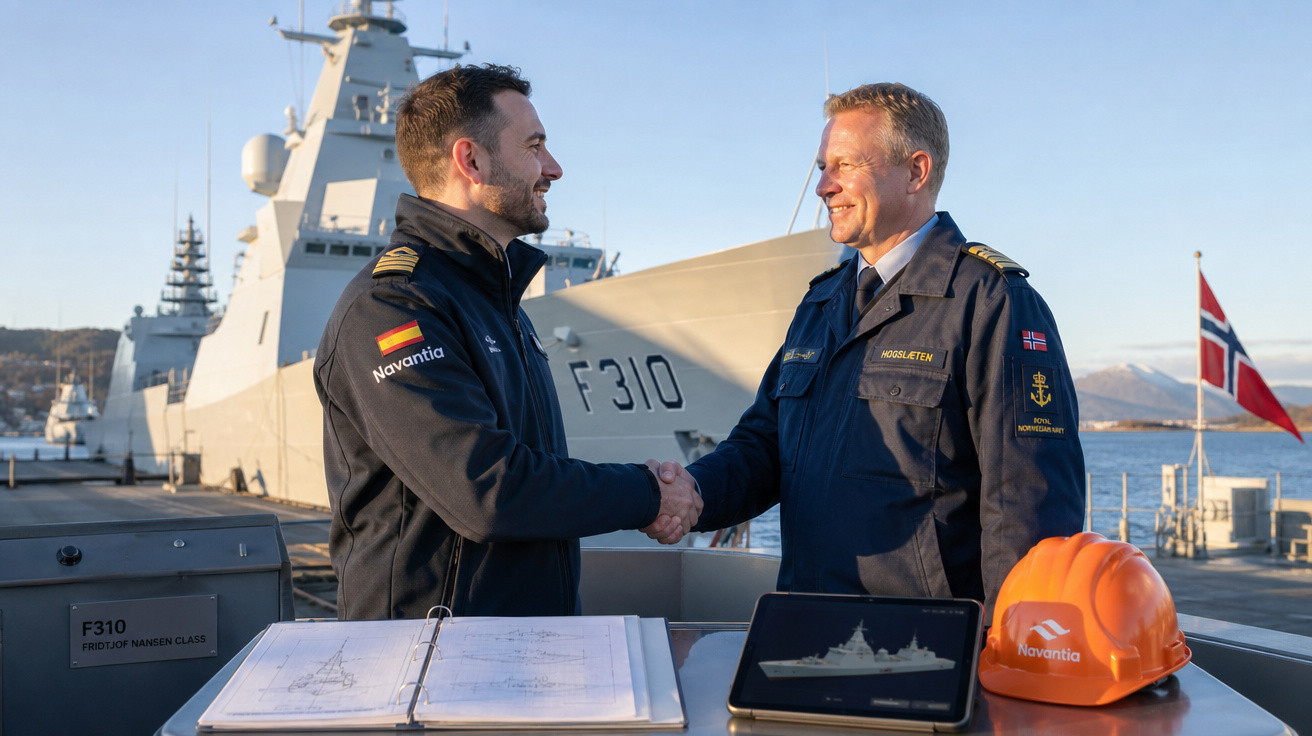 Dois homens em uniformes militares apertam as mãos no convés de um navio de guerra ao fundo.
