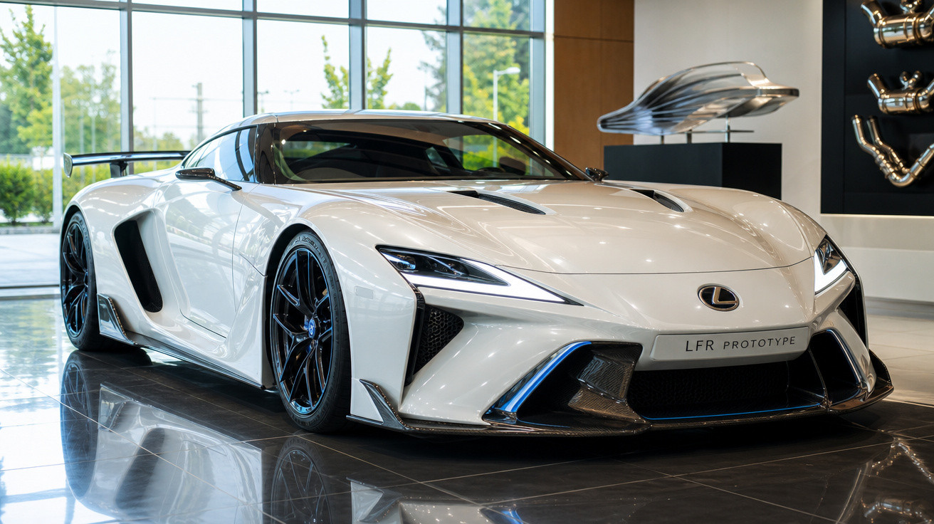 Carro esportivo branco Lexus LFR Prototype exposto em showroom moderno com piso refletivo.