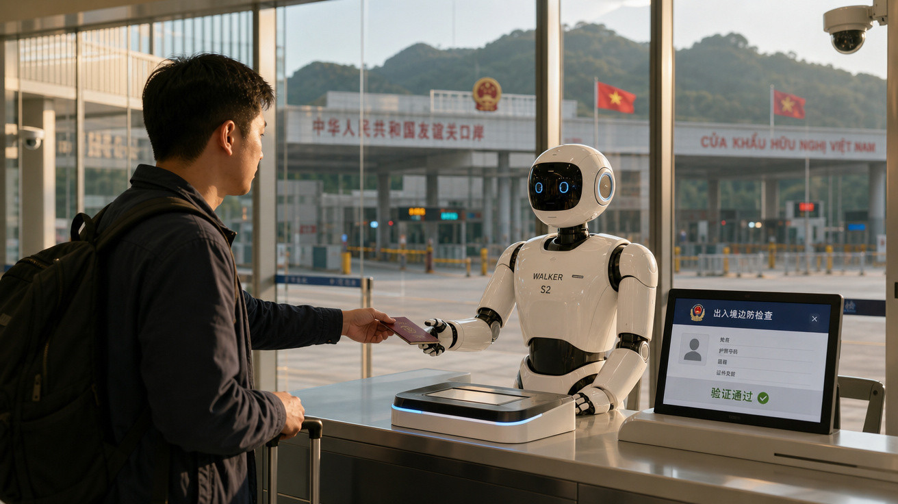Homem entrega passaporte a robô em balcão de controle automatizado em fronteira com sinais em chinês e vietnamita.