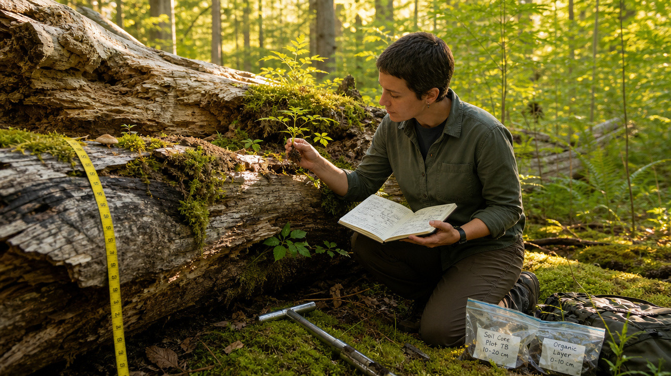 Pesquisadora analisa planta em floresta, com caderno, fita métrica e amostras de solo ao redor.