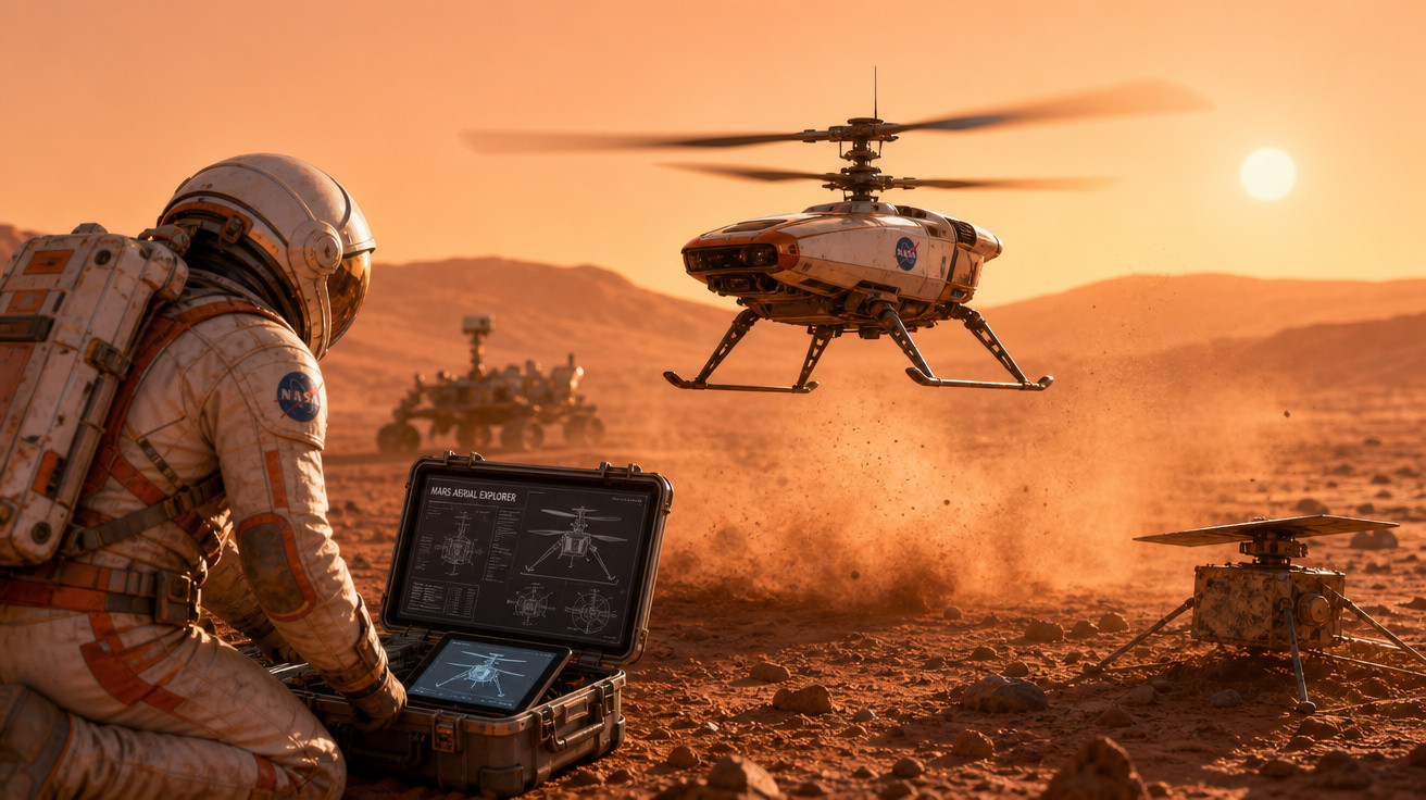 Astronauta operando drone da NASA em solo árido sob pôr do sol, com rover ao fundo.