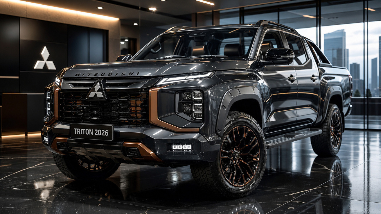 Picape Mitsubishi Triton 2026 preta exibida em showroom moderno e iluminado.