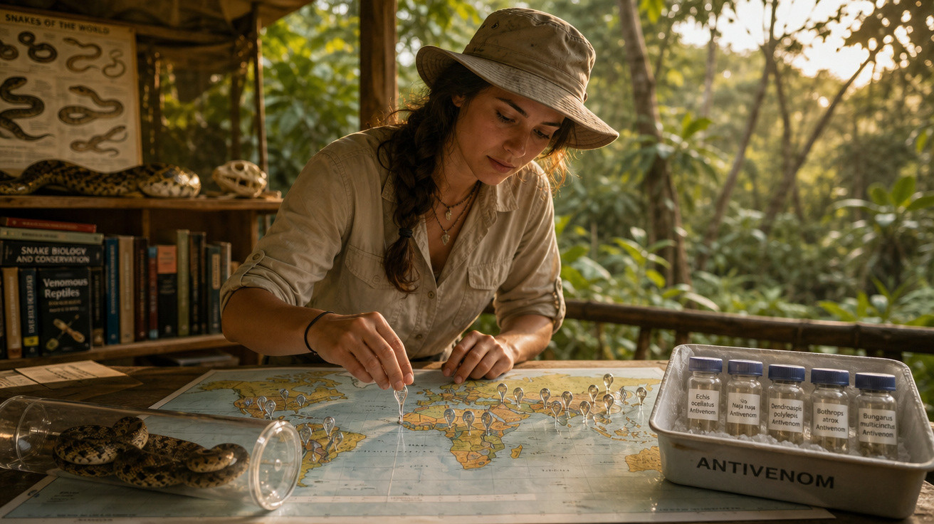 Mulher com chapéu estuda mapa com várias amostras de antiveneno e cobra em tubo de vidro.