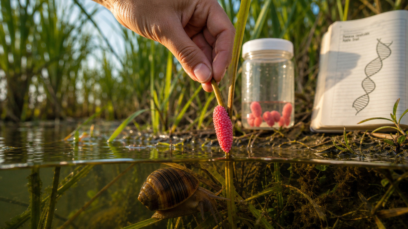 Mão segurando ovo rosa de caramujo sobre água com caramujo submerso e frasco com ovos ao fundo.